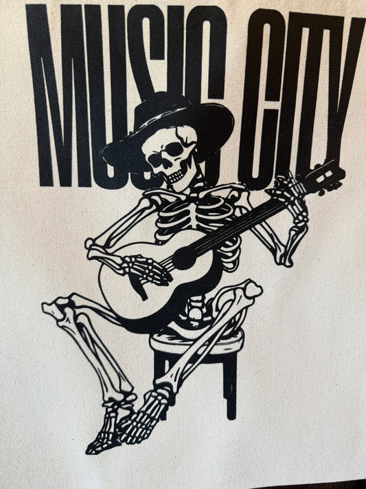 Music City Co. Brand Canvas Tote – Skeleton Guitar Rockabilly Art Bag