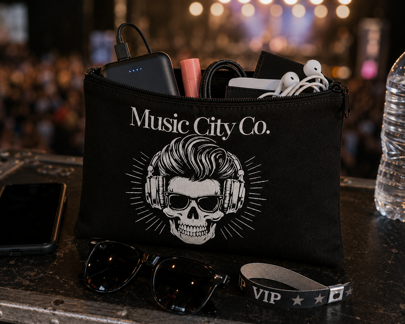 Music City Co. Brand Headphones Skull Large Zip Pouch