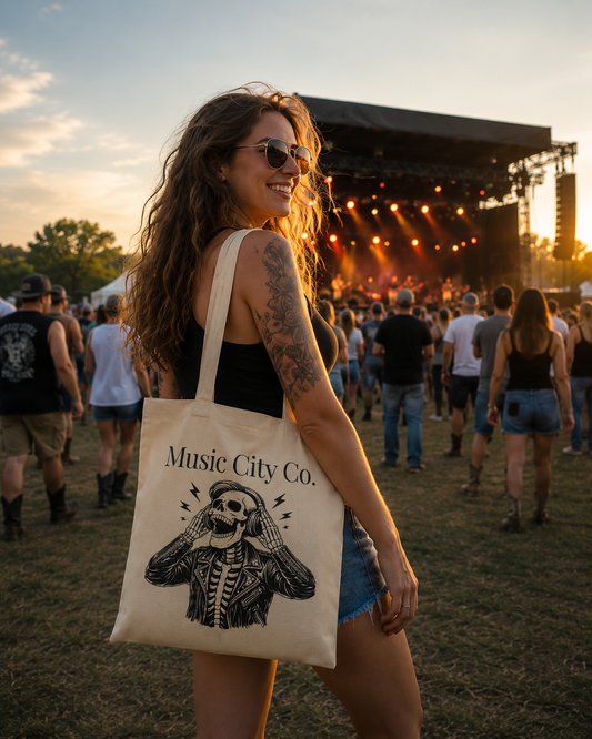 Music City Co. Brand Canvas Tote – Headphones Skeleton Art Bag