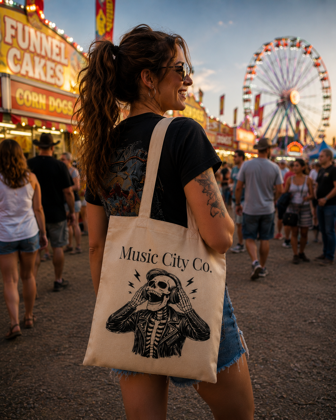 Music City Co. Brand Canvas Tote – Headphones Skeleton Art Bag