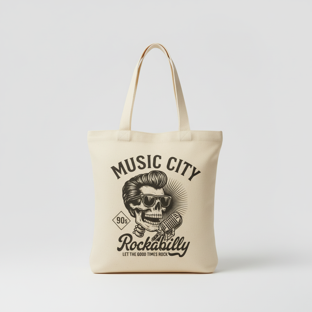 Music City Co. Brand Canvas Tote – Rockabilly Skull Microphone Art Bag