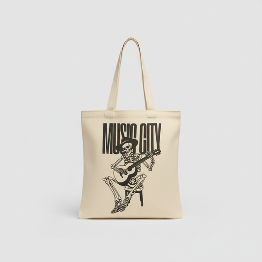 Music City Co. Brand Canvas Tote – Skeleton Guitar Rockabilly Art Bag