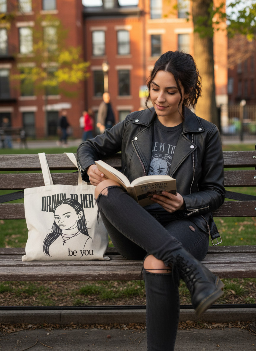 Biker girl in leather jacket reading book with "Drawn to Her - be you" Tote Bag