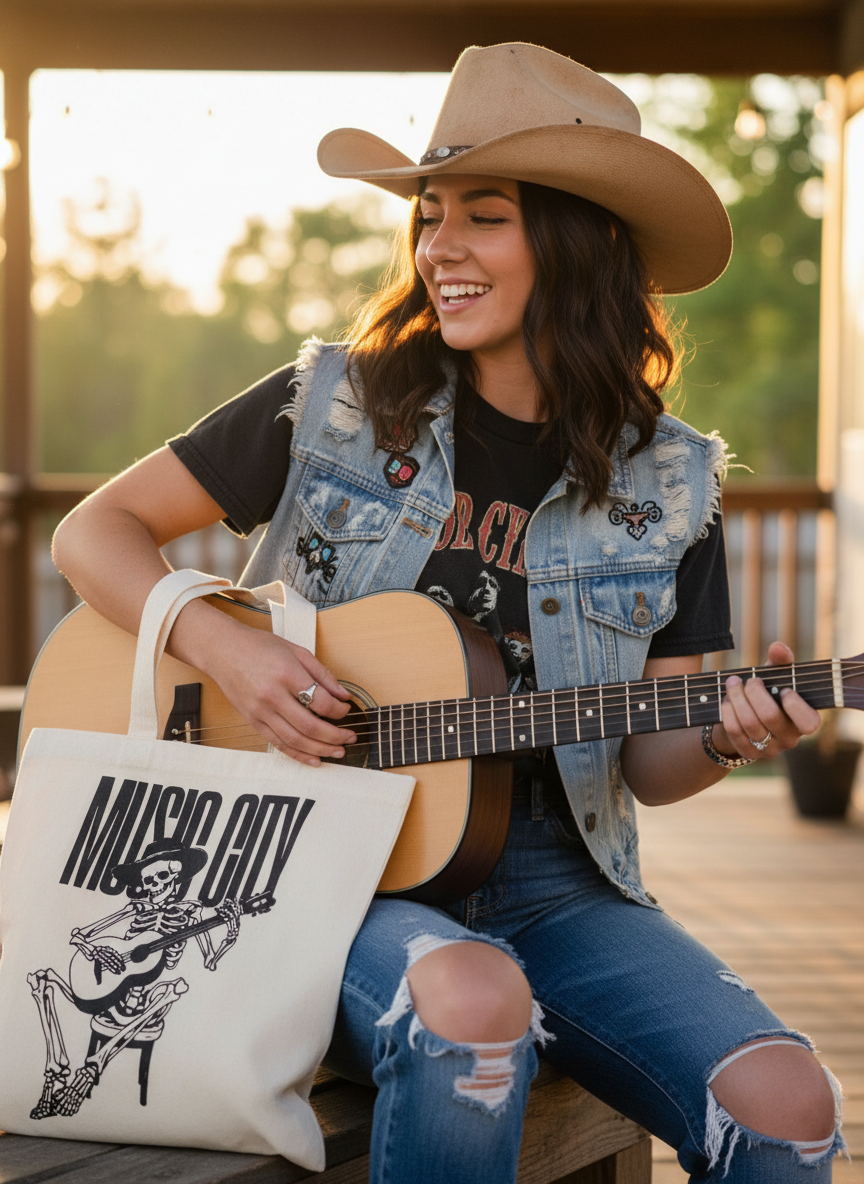 Close-up of energetic brunette cowgirl playing guitar with Music City Tote Bag