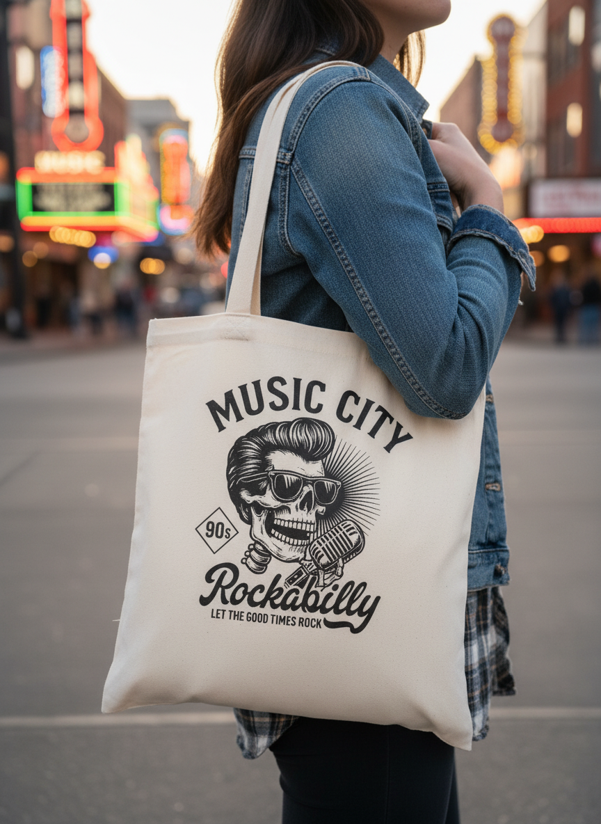 Close-up of Music City Rockabilly Tote Bag in Nashville