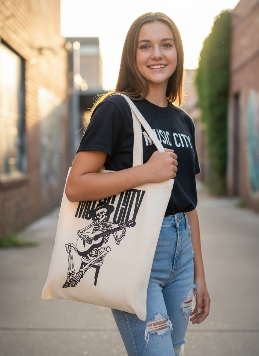 Close-up of teen girl in ripped jeans with Music City Tote Bag