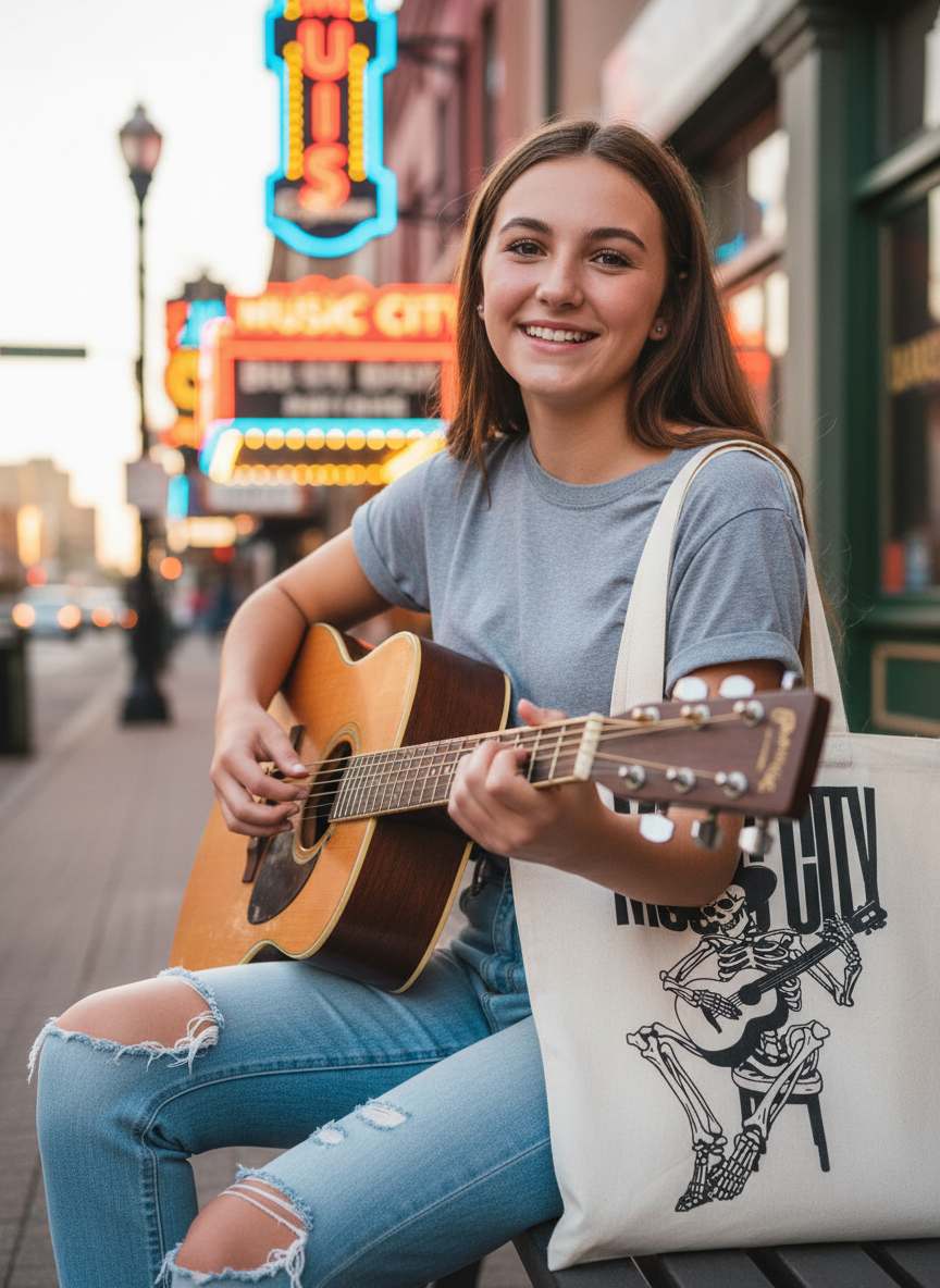 Close-up of teen girl with Music City Tote Bag in Nashville