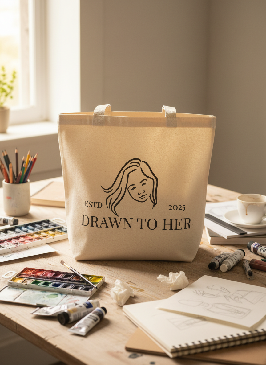 Drawn to Her Tote Bag at art table close-up