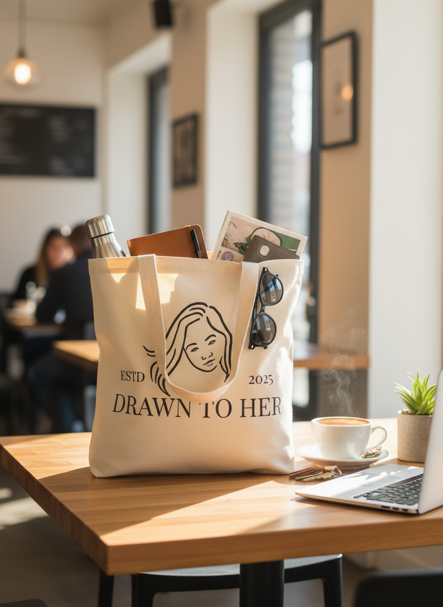 Drawn to Her Tote Bag filled on table