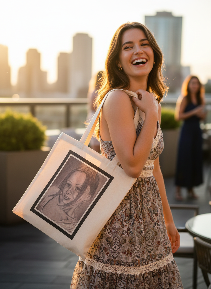Fancy young woman with Portrait Art Tote Bag at angle
