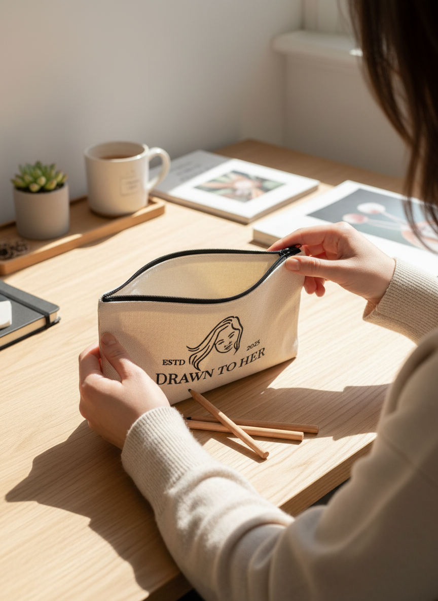 Drawn to Her Brand Canvas Zip Pouch – Minimal Line Art Logo Accessory