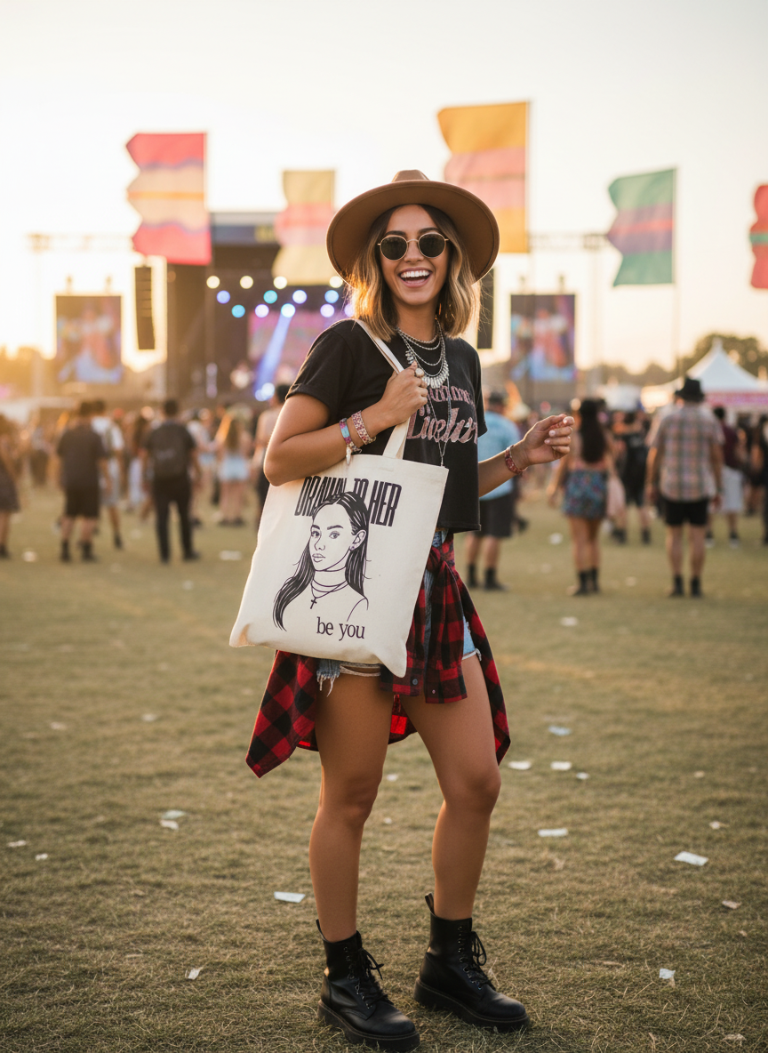 Girl at music festival with "Drawn to Her - be you" Tote Bag
