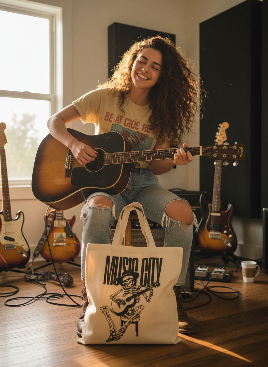 Girl jamming on guitar with Music City Tote Bag in front