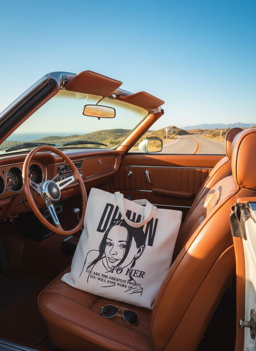 "Greatest Project" Tote Bag in convertible passenger seat