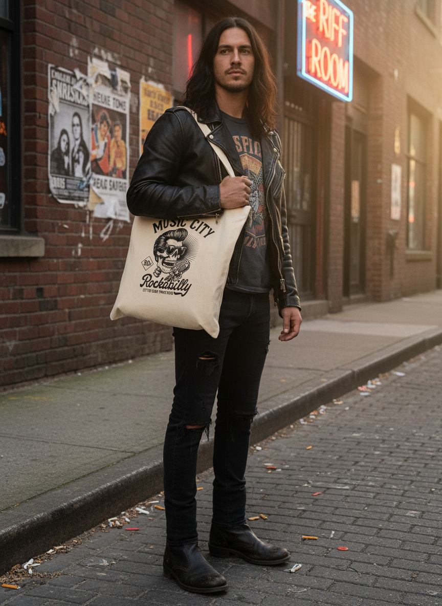 Long-haired male rocker with Music City Rockabilly Tote Bag