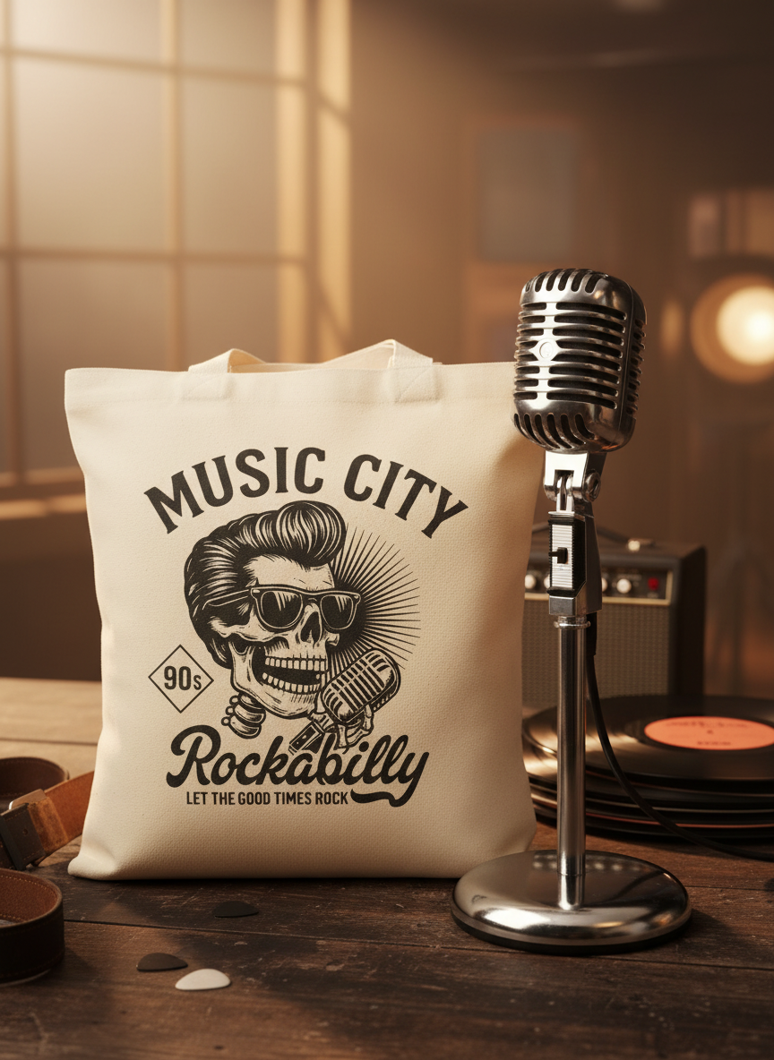 Music City Rockabilly Tote Bag next to vintage microphone