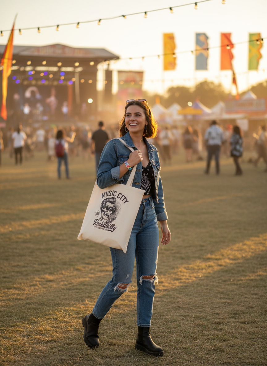 Person at festival with Rockabilly Tote Bag