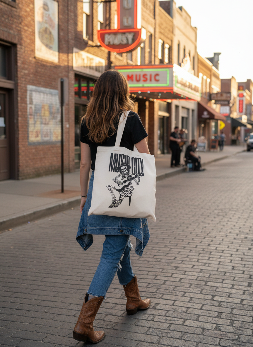 Person carrying Music City Guitar Skeleton Tote Bag