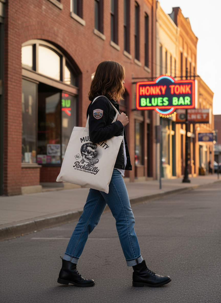 Person carrying Music City Rockabilly Tote Bag
