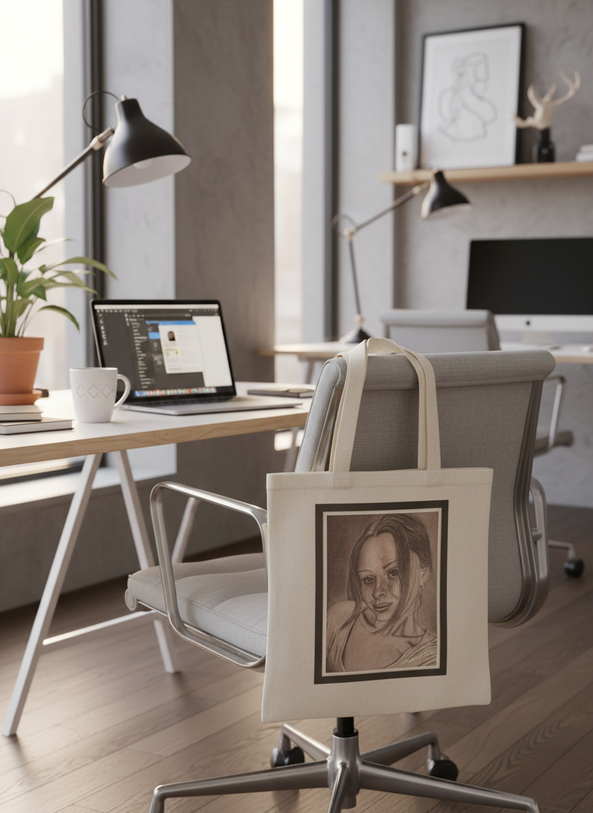 Portrait Art Tote Bag in Office Setting