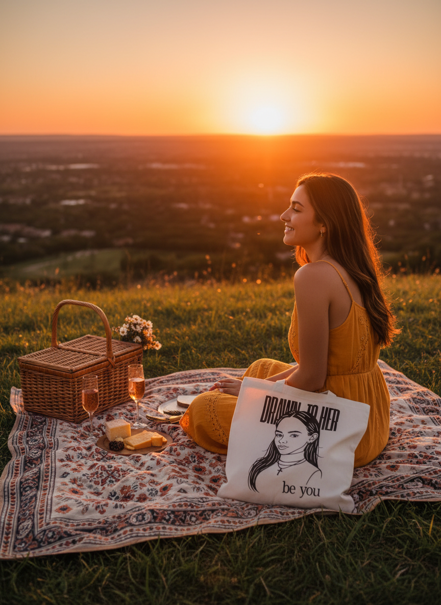 Sunset picnic with "Drawn to Her - be you" Tote Bag