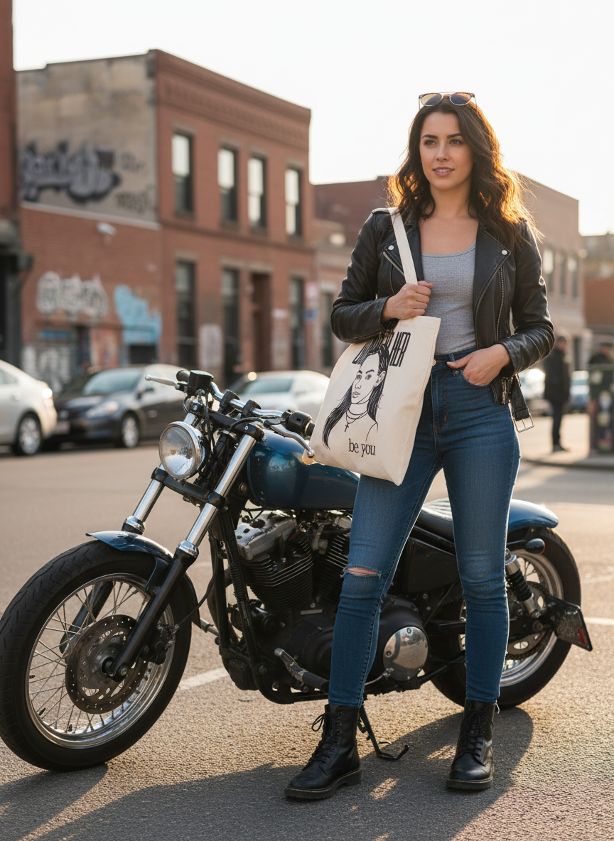 Woman on motorcycle with "Drawn to Her - be you" Tote Bag