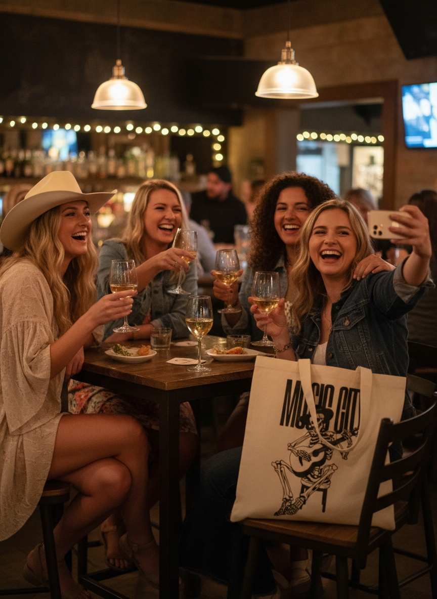 Women at bar with cowboy hat, wine glasses and Music City Tote Bag